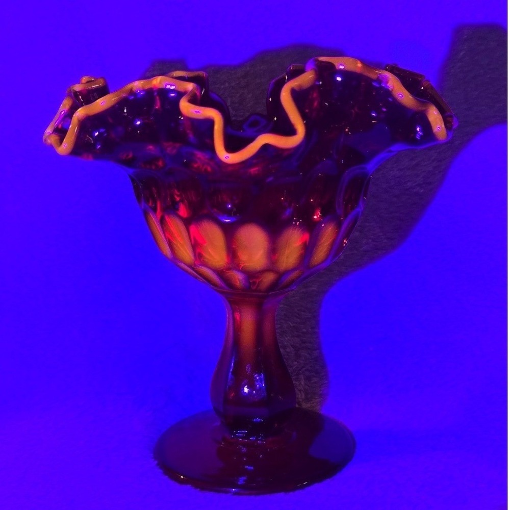 Vintage Fenton Ruby Red Thumbprint Glass Pedestal Compote Cadmium Glow on Rim